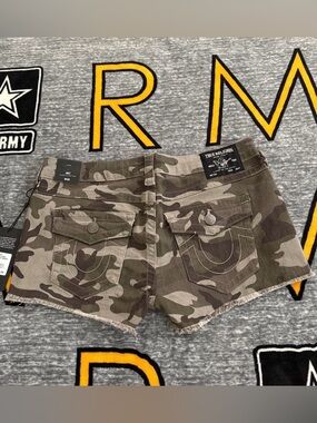 True Religion Camouflage Jean Shorts in Olive and Tan